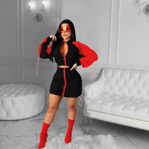 Contrast Color Drawstring Zipper Mini Dress CHY-1290