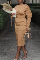 Pleated Drawstring Long Sleeve Midi Dress BGN-322