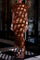 Drawstring Pleated Zipper Irregular Maxi Dress BGN-294