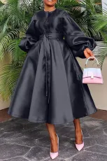 Solid Color Glossy Loose Lantern Sleeve Midi Dress BGN-311