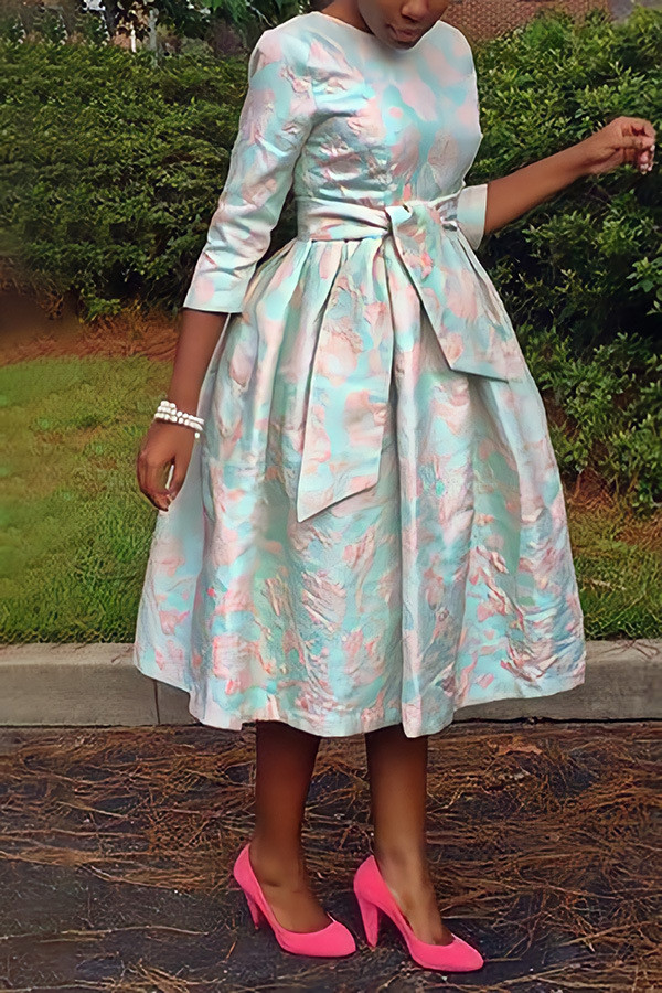 O Neck Tie Up Print 3/4 Sleeve Midi Dress BGN-0011