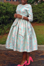 O Neck Tie Up Print 3/4 Sleeve Midi Dress BGN-0011