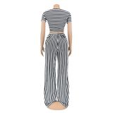 Stripe Print Tie Up Loose Two Piece Pants Set AIL-207