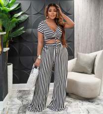 Stripe Print Tie Up Loose Two Piece Pants Set AIL-207