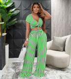 Stripe Print Tie Up Loose Two Piece Pants Set AIL-207