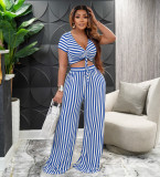 Stripe Print Tie Up Loose Two Piece Pants Set AIL-207