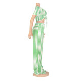 Stripe Print Tie Up Loose Two Piece Pants Set AIL-207