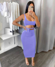 Solid Color Sling Vest And Tie Up Long Skirt 2 Piece Set  BGN-161