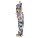 Stripe Print Tie Up Loose Two Piece Pants Set AIL-207