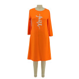 Letter Print Long Sleeve T Shirt Dress AIL-173