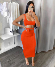 Solid Color Sling Vest And Tie Up Long Skirt 2 Piece Set  BGN-161