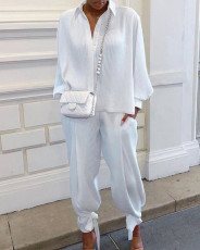 Solid Color Loose Long Sleeve Two Piece Pants Set BGN-0001