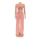 Stripe Print Tie Up Loose Two Piece Pants Set AIL-207