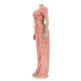 Stripe Print Tie Up Loose Two Piece Pants Set AIL-207