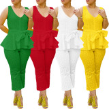 Solid Color Embroidered Tie Up Two Piece Set BGN-300