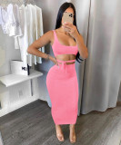Solid Color Sling Vest And Tie Up Long Skirt 2 Piece Set  BGN-161
