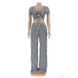 Stripe Print Tie Up Loose Two Piece Pants Set AIL-207