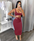 Solid Color Sling Vest And Tie Up Long Skirt 2 Piece Set  BGN-161