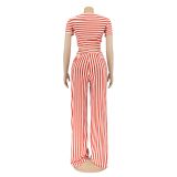 Stripe Print Tie Up Loose Two Piece Pants Set AIL-207