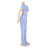 Stripe Print Tie Up Loose Two Piece Pants Set AIL-207