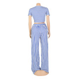 Stripe Print Tie Up Loose Two Piece Pants Set AIL-207