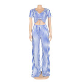 Stripe Print Tie Up Loose Two Piece Pants Set AIL-207
