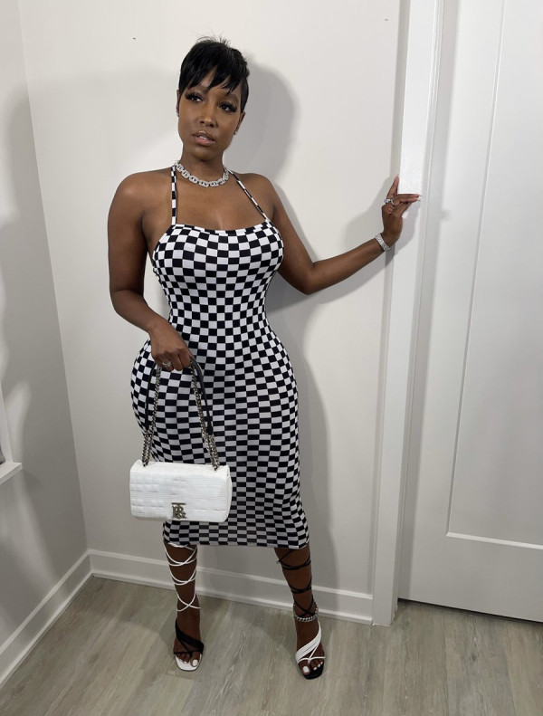 Plaid Print Sling Backless Midi Dress BGN-158