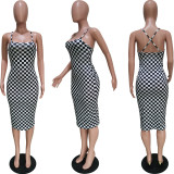 Plaid Print Sling Backless Midi Dress BGN-158
