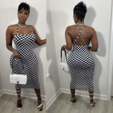 Plaid Print Sling Backless Midi Dress BGN-158