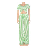 Stripe Print Tie Up Loose Two Piece Pants Set AIL-207