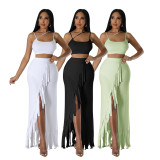 Sexy Sling Vest And Tassel Split Skirt 2 Piece Set DDF-88227