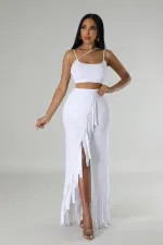 Sexy Sling Vest And Tassel Split Skirt 2 Piece Set DDF-88227