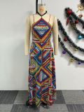 Print Halter Backless Big Swing Maxi Dress NY-10706
