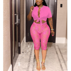Sexy Tie Up Short Sleeve And Mesh Pant Two Piece Set FOSF-8382
