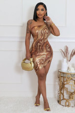 Sleeveless Print Slash Shoulder MIni Dress XHXF-397