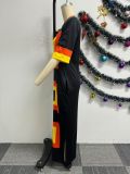 Print Contrast Color Loose Split Maxi Dress NY-10718