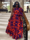 Printed Slash Shoulder Lantern Sleeve Maxi Dress NY-10728