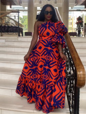 Printed Slash Shoulder Lantern Sleeve Maxi Dress NY-10728