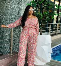 Printed Loose One Shoulder Pleated Two Piece Pants Set NY-10711