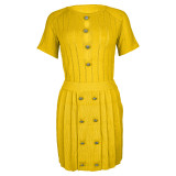 Sexy Hollow Out Button Knit Short Sleeve Two Piece Set MDF-5394
