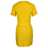 Sexy Hollow Out Button Knit Short Sleeve Two Piece Set MDF-5394