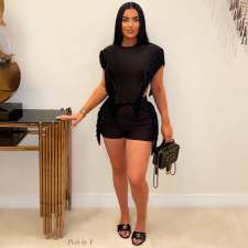 Short Sleeve Tassel Sexy Solid Color Two Piece Set MDF-5397
