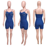 Fashion Hot Drill Sling Denim Romper LX-6973