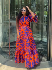 Printed Slash Shoulder Lantern Sleeve Maxi Dress NY-10728