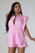 Fashion Stripe Flare Sleeve Two Piece Short Set JPF-1093
