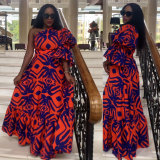 Printed Slash Shoulder Lantern Sleeve Maxi Dress NY-10728