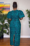 Sexy Print V Neck Lace Patchwork Split Dress NY-10712