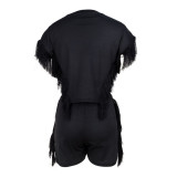 Short Sleeve Tassel Sexy Solid Color Two Piece Set MDF-5397
