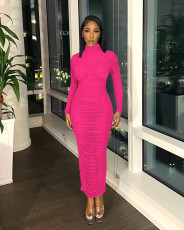 Sexy Long Sleeve Drawstring Pleated Maxi Dress YD-8799