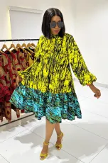 Printed Tie Up Lantern Sleeve Loose Big Swing Dress NY-10726